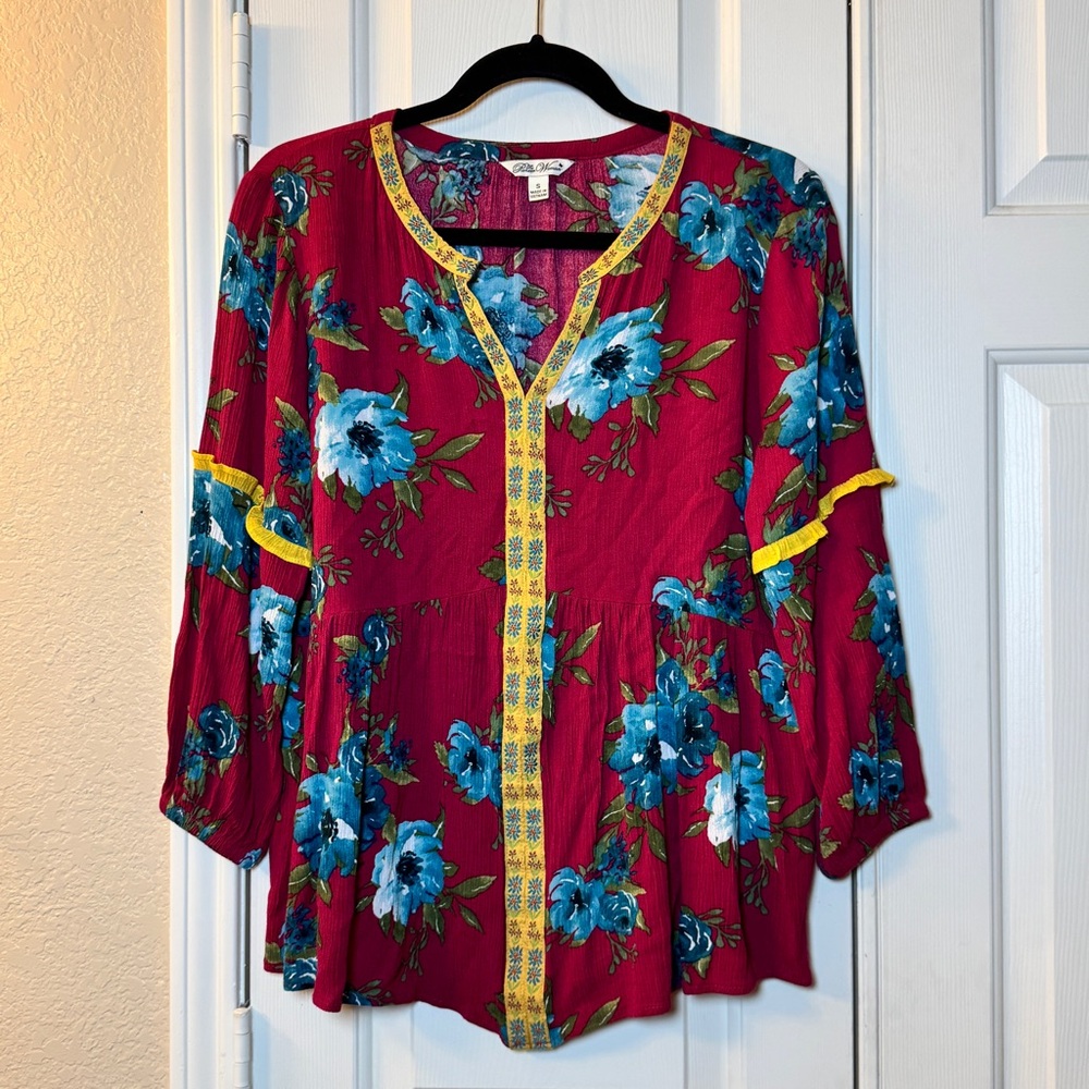 The Pioneer Woman Blouse Size Sm Burgandy Floral Peasant Long Sleeve Top
